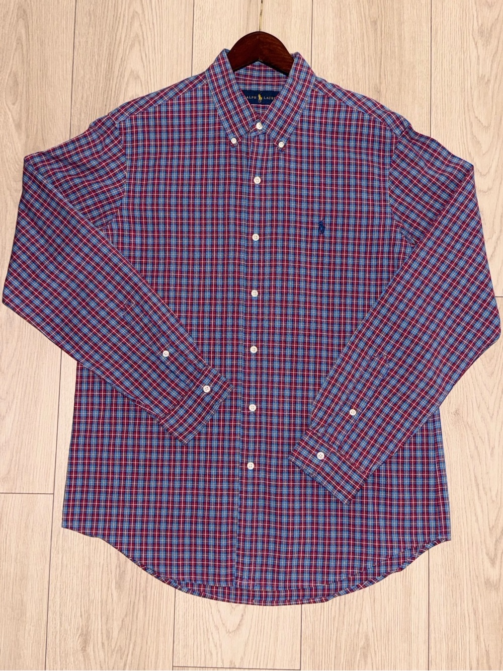 Ralph Lauren Mens Large Plaid Brick Red Blue Long Sleeve Button Up Dress Shirt